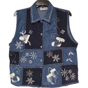 VTG Carolina Blues Cotton Embroidered Beaded Denim Vest, XL